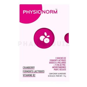Physionorm Cranberry+ Ferments lactiques+ vitamine B2 (30gelules)