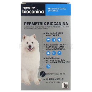 Biocanina Permetrix Chiens Moyens (10kg À 25kg) 3 Pipettes De 2,5ml