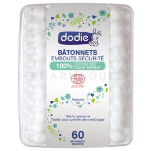 Dodie Bâtonnets Embouts Sécurité 100% Coton Bio Tige Papier 60 Bâtonnets