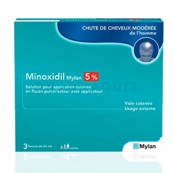 Minoxidil mylan 5 % solution pour usage local boîte de 3 flacons avec pompes pulvérisatrices de 60 m