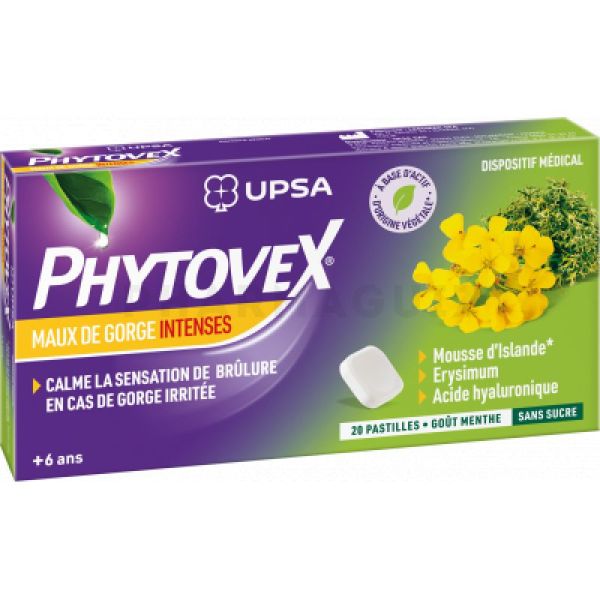 Phytovex Pastilles sans sucre Maux de gorge intenses- boîte de 20 pastilles