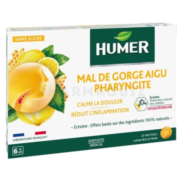 HUMER 20 pastilles mal de gorge aigu pharyngite miel citron