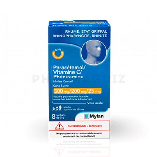 Paracétamol Vitamine C Phéniramine Mylan sans sucre 8 sachets
