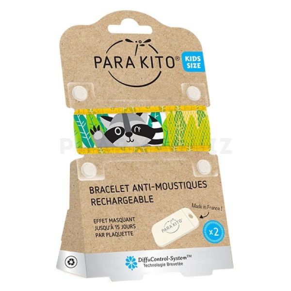 Parakito Kids Bracelet Anti-Moustiques Rechargeable + 2 pastilles Raccoon jaune