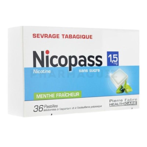 Nicopass 1,5 mg menthe fraîcheur sans sucre 36 pastilles