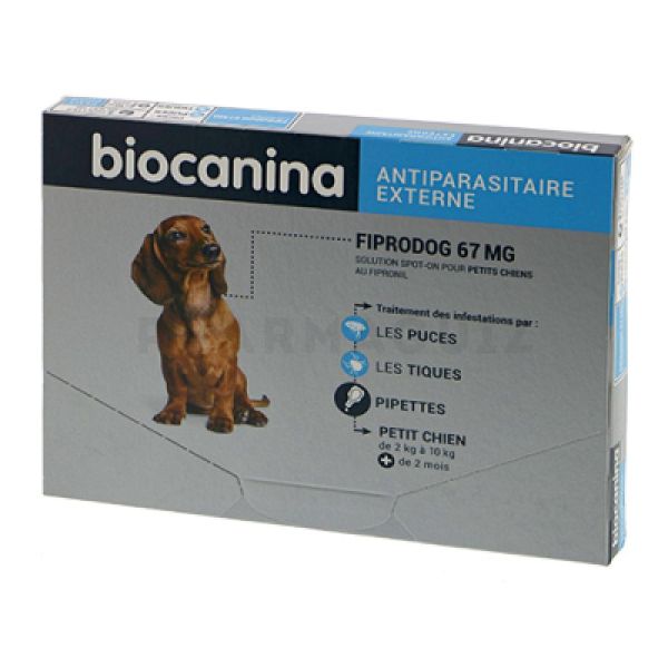 Fiprodog 67mg, solution antiparasitaire pour chiens de 2 à 10kgs (3 pipettes)
