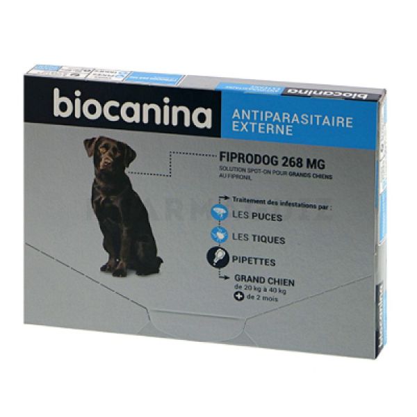 Fiprodog 268mg, solution antiparasitaire pour chiens de 20 à 40kgs (3 pipettes)