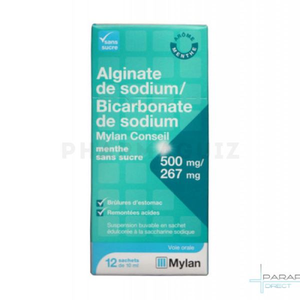 ALGINATE DE SODIUM/BICARBONATE DE SODIUM MYLAN CONSEIL 500 mg/267 mg, MENTHE SANS SUCRE, 12 sachets